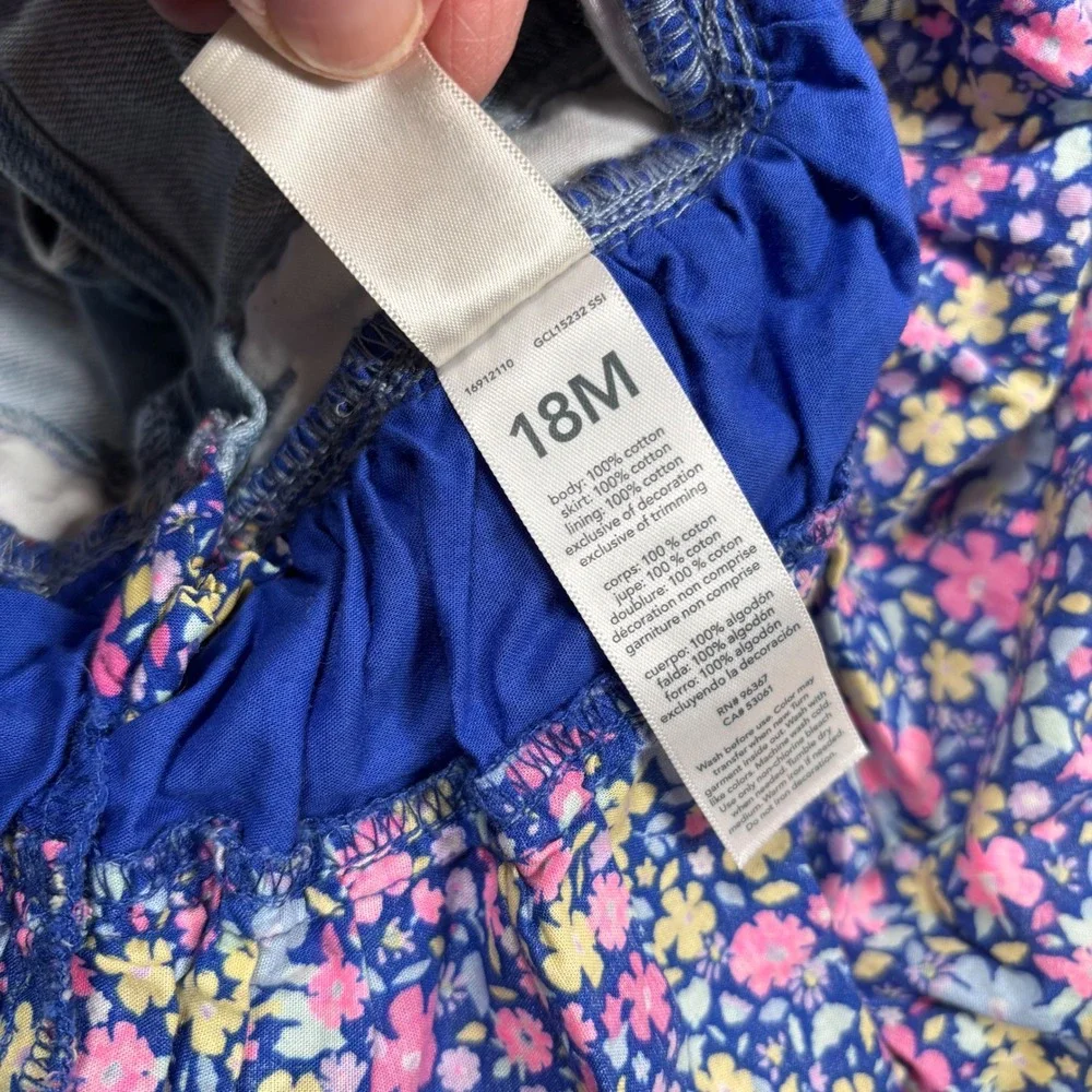 OshKosh B'gosh Baby Girls Denim Floral Ruffle Overalls Dress 18M‎
